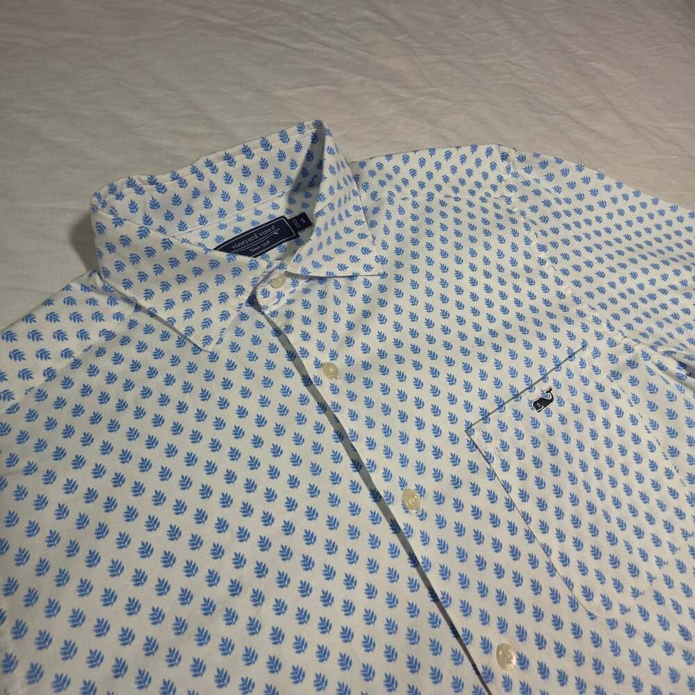 Vineyard Vines Leaf Tile Short-Sleeve Button-Up Shirt Size S Blue White
